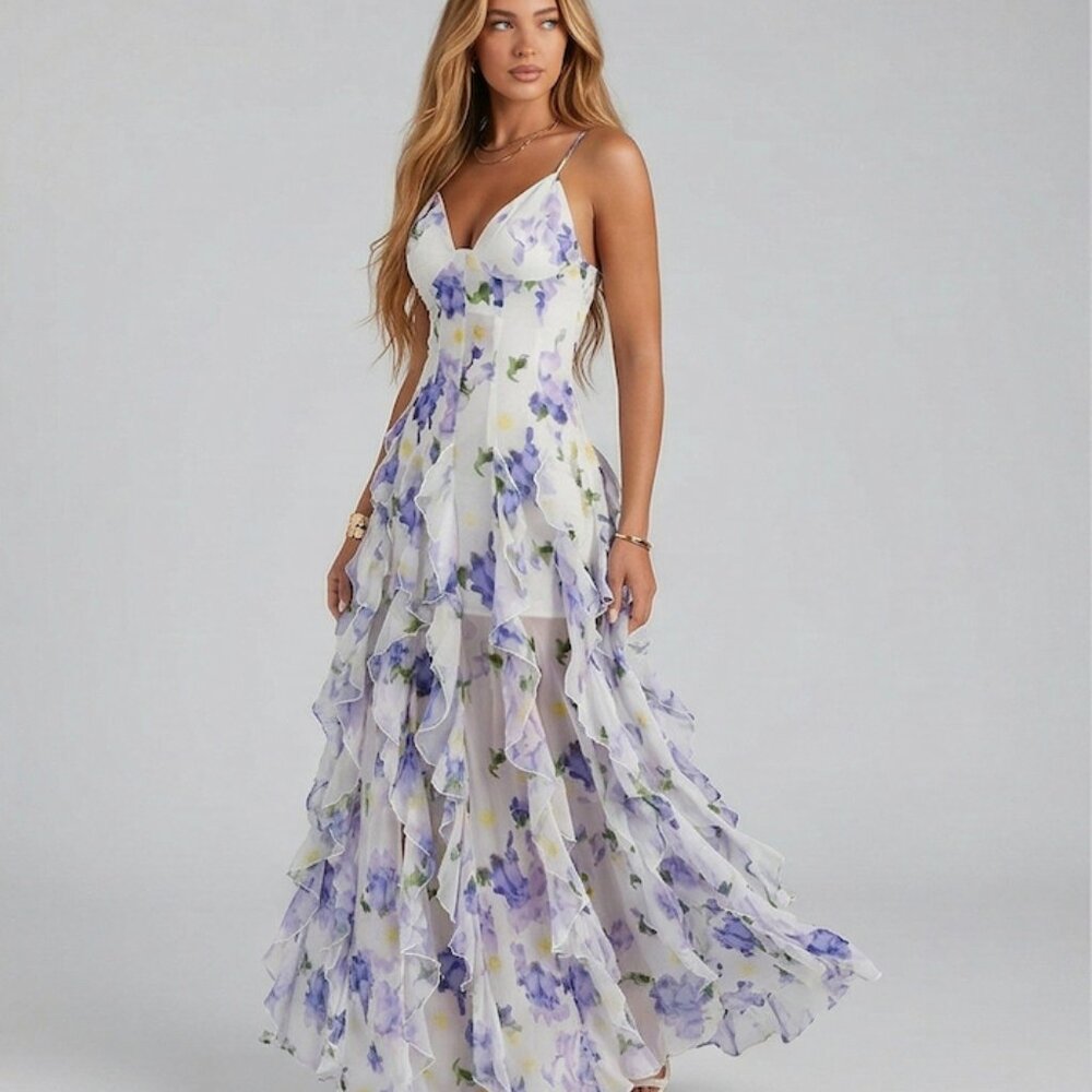 Floral V-Neck Tiered Ruffle Gown Maxi Dress | Purple & White - Picture 1 of 9